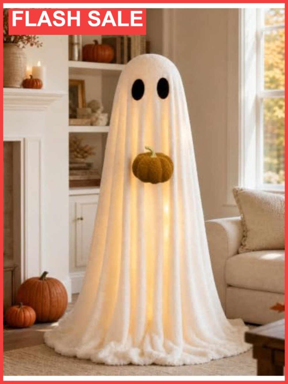 3.6FT Light-Up Sherpa Ghost Halloween Decoration with Pumpkin Indoor